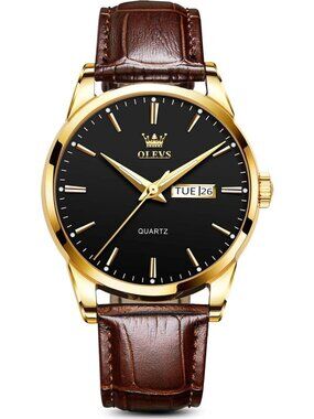 Men's Black And Gold Quartz Leather Brown Buckle Waterproof Luminous Round Watch